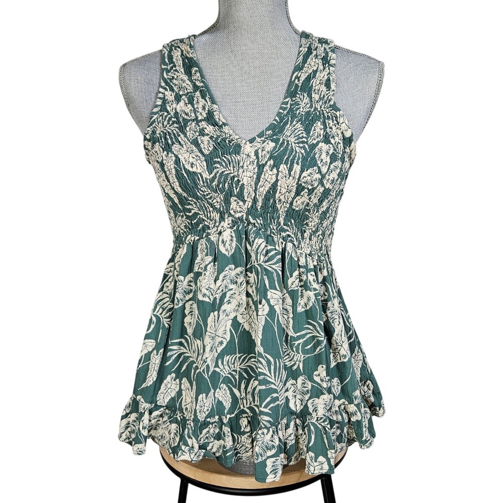 Angie‎ Y2K Green Tropical Leaf Smocked Ruffle Hem Boho Tank Top L Retro Coastal